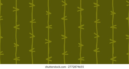 Hand Drawn Barbed Wire Stripe Seamless Pattern, Organic Thorn Branch Ornament on Green Background, Vector Illustration