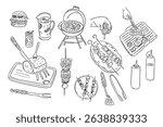 Hand drawn barbeque doodle set with grill, skewers, meat, drinks and cooking tools. Represents summer cooking, outdoor gatherings and tasty grilled food preparation