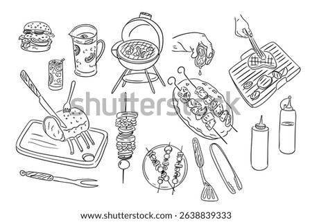 Hand drawn barbeque doodle set with grill, skewers, meat, drinks and cooking tools. Represents summer cooking, outdoor gatherings and tasty grilled food preparation