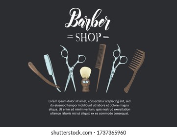 Hand drawn Barber Shop poster with  razor, scissors, shaving brush, comb,  in sketch style. Lettering. Space for text. Advertising. Vector illustration. 