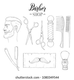 Hand drawn Barber Shop set in sketch style. Razor, scissors, shaving brush, mustache, comb, masculine, hipster man with beard, classic barber shop Pole. Vector illustration