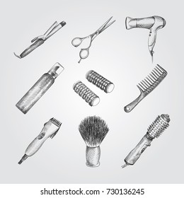 Hand Drawn Barber Shop Sketches Set. Collection Of scissors, hairdryer comb, hair dryer, hair mousse spray, curlers, comb, Hair clipper, Sketches on white background. Hair care and Styling