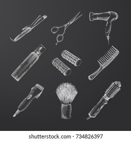 Hand Drawn Barber Shop Sketches Set isolated on chalkboard. Collection Of scissors, hairdryer comb, hair dryer, hair mousse spray, curlers, comb, Hair clipper. Hair care and Styling in chalk style