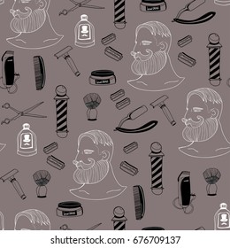 Hand drawn barbershop elements. Black and white elements, dark background. Graphic vector seamless pattern
