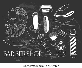 Hand Drawn Barbershop Elements. Chalkboard Style. Black Background. Graphic Vector Set. All Elements Are Isolated