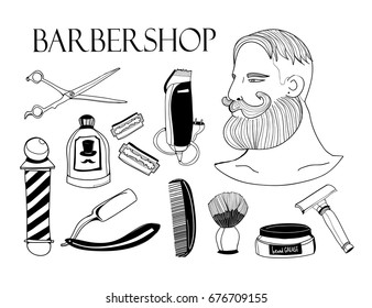 Hand Drawn Barbershop Elements. Graphic Vector Set. All Elements Are Isolated