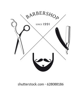 Hand drawn barbershop logotype template with scissors shaving razor male mustache and beard in monochrome style isolated vector illustration