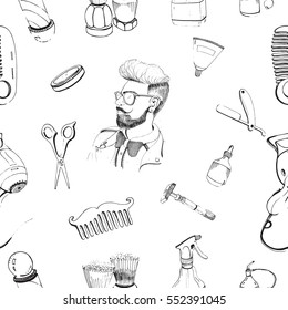 Hand drawn barbershop seamless pattern with accessories comb, razor, shaving brush, scissors, hairdryer, barber's pole and bottle spray. Outline vector pattern  on white background.