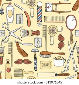 Hand drawn barbershop tools seamless pattern