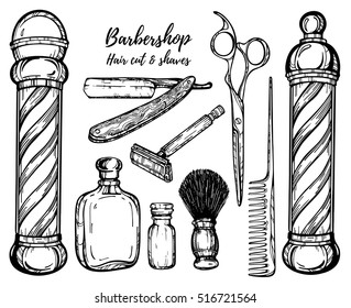 Hand drawn barbershop vintage illustration. Straight razor,scissors, comb, shaving brush. Hair cut and shaves. Perfect for tattoo, engraving for poster, label, banner, web  etc.