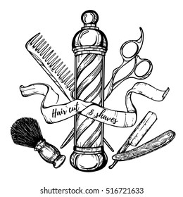 Hand drawn barbershop vintage illustration. Straight razor,scissors, comb, shaving brush. Hair cut and shaves. Perfect for tattoo, engraving for poster, label, banner, web  etc.