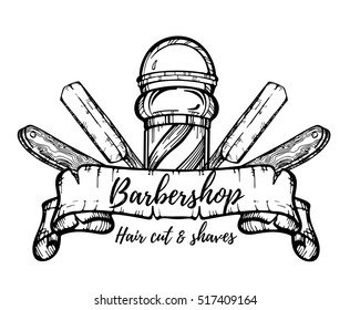 Hand drawn barbershop vintage illustration. Hair cut and shaves. Perfect for engraving for poster, label, banner  etc.