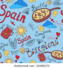 Hand drawn Barcelona sketch elements seamless pattern. Vector texture