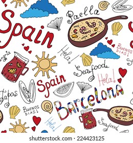 Hand drawn Barcelona sketch elements seamless pattern. Vector texture with white background