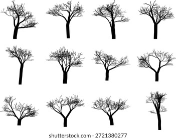 Conjunto de siluetas de árbol desnudo dibujado a mano aislado sobre fondo blanco para diseño de Naturaleza