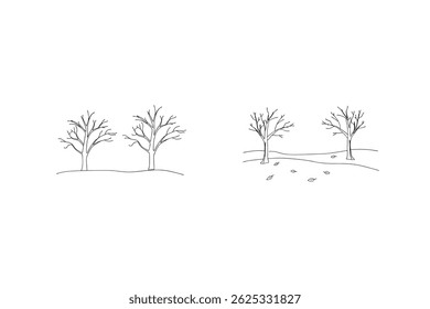 Hand Drawn Bare Trees With Fallen Leaves In Autumnal Landscape Sketch
