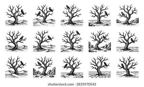 Hand drawn bare winter trees with crows.