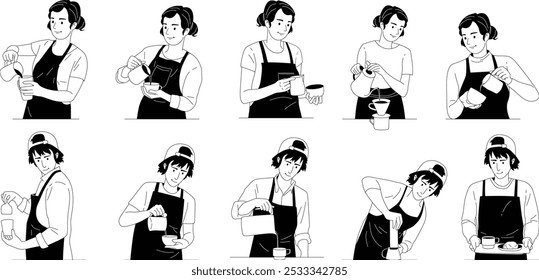 Barista desenhado à mão fazendo a ilustração do café