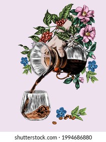 Hand drawn a barista hand pouring coffee into a glass from brewing equipment vector illustration. Coffee plant, beans and blooming flowers. Brewed fresh coffee.