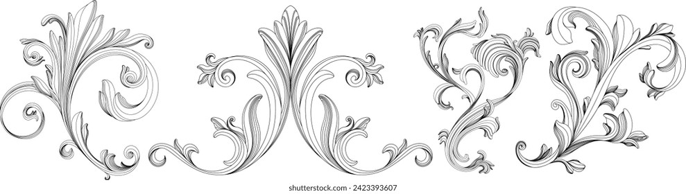 Hand drawn baroque decorative set. Element filigree calligraphy for design collection.