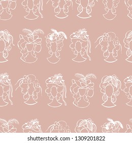 Hand drawn baroque female portraits. Vector  seamless pattern