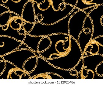 Hand drawn baroque striped vector pattern with golden chains and baroque elements. Vintage patch for scarfs, print, fabric.