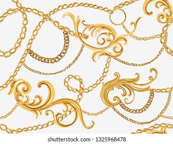 Hand drawn baroque striped vector pattern with golden chains and baroque elements. Vintage patch for scarfs, print, fabric.