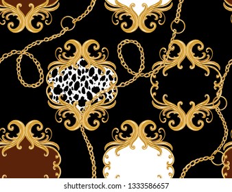 Hand drawn baroque striped vector pattern with golden chains and baroque elements. Vintage patch for scarfs, print, fabric.