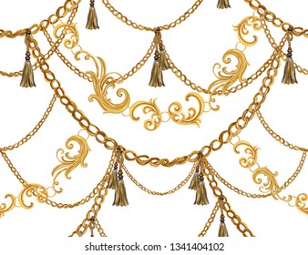 Hand drawn baroque striped vector pattern and golden chains   baroque elements  Vintage patch for scarfs  print  fabric 