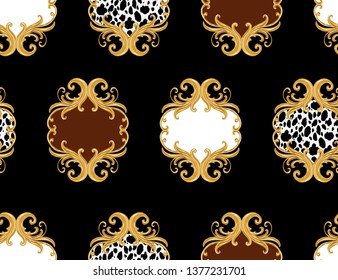 Hand drawn baroque striped vector pattern with golden chains and baroque elements. Vintage patch for scarfs, print, fabric.