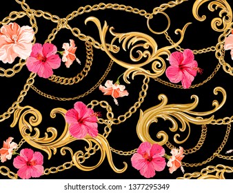 Hand drawn baroque striped vector pattern with golden chains and baroque elements, hibiscus. Vintage patch for scarfs, print, fabric.