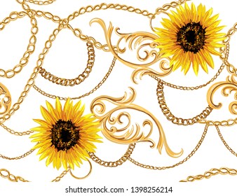 Hand drawn baroque striped vector pattern with golden chains and baroque elements, sunflowers. Vintage patch for scarfs, print, fabric.