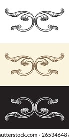 Hand drawn baroque style decorative flourish design element set. For vintage invitations, luxury branding, antique style frames, packaging design, ornamental dividers. Vector illustration