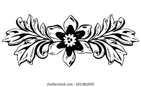 Hand drawn Baroque vintage floral pattern. Black and white victorian frame border ornament vector illustration isolated on a white. Filigree decorative tattoo design.
