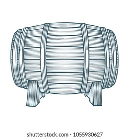 Hand drawn barrel illustration in engraving style. 
Vintage whiskey, wine or beer barrel isolated on white background.
