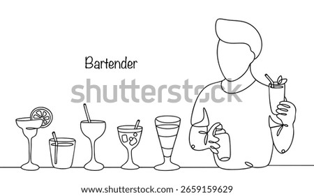 A hand drawn bartender holding a cocktail shaker in one hand and a ready-made cocktail in the other. There are different cocktails in beautiful glasses next to him. Vector illustration.