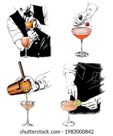 Hand drawn bartender vector illustration set. Bartender preparing cocktail.