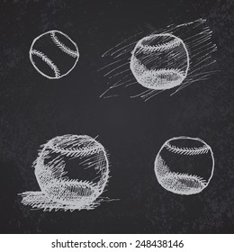 Hand drawn baseball ball sketch set on blackboard.