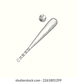 hand drawn baseball bat and ball vector illustration in black, vintage style
