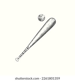 hand drawn baseball bat and ball vector illustration in black, vintage style