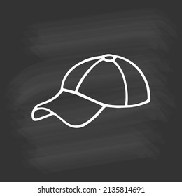 Hand drawn baseball cap on chalkboard. In doodle style, white outline on black background. Cute elements for card, social media banner, sticker, print, decoration kids playroom. Vector illustration.