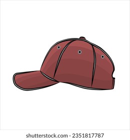 A hand drawn of a baseball cap. Baseball sport hat. The red headdress. Flat style sketch for mobile concept, web design.  Burgundy cap. Vector illustration view from side view. EPS 10.