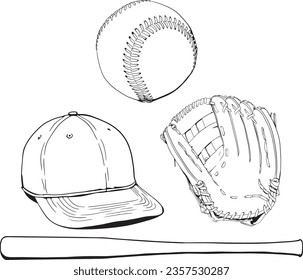 hand drawn baseball hat glove and bat
