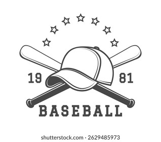 Hand drawn baseball logo. Baseball cap and crossed bats isolated vector illustration