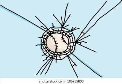 Hand drawn baseball stuck in shattered glass cartoon