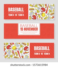 Hand Drawn Baseball Symbols Used in Vector Ticket Design Template
