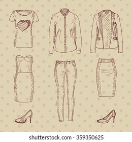 Hand drawn basic women wardrobe. T-shirt, skinny jeans, shirt, pencil skirt, jacket, party dress, pumps. Casual style clothes on spots background 