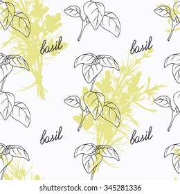 Hand drawn basil branch and handwritten sign. Spicy herbs seamless pattern with hand lettering seasoning title. Doodle kitchen background. Vector illustration