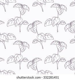 Hand drawn basil branch outline seamless pattern. Doodle drawing spicy herbs. Kitchen background. Hand drawn seasoning. Vector illustration