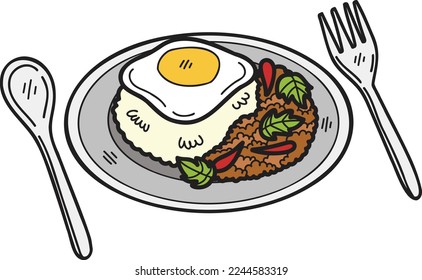 Hand Drawn Basil Fried Rice with Fried Egg or Thai food illustration isolated on background